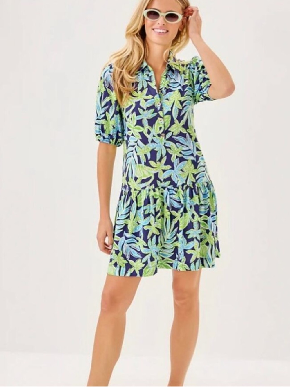 Lilly Pulitzer Navy Mini Dress with Lime Green & Light Blue Leaf Print
